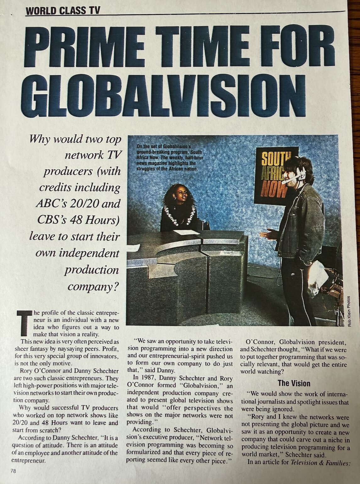 World Class TV magazine feature: 'Prime Time for Globalvision' — Danny Schechter on the set of South Africa Now